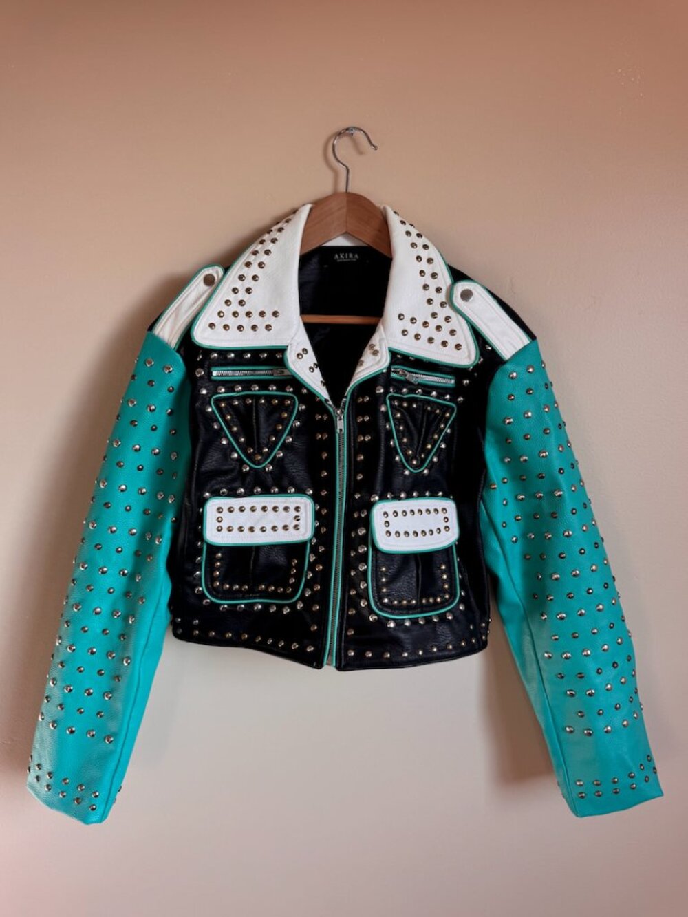 AKIRA Studded Colorblock Moto Biker Jacket L